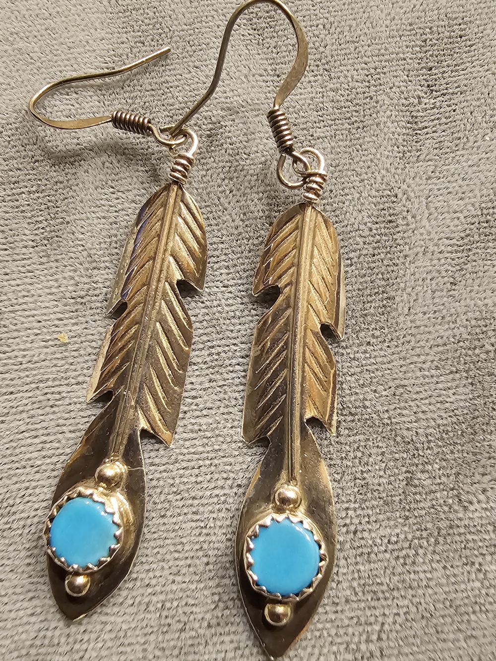 Sterling Feather Drop Earrings with Turquoise Stone Signed JJ